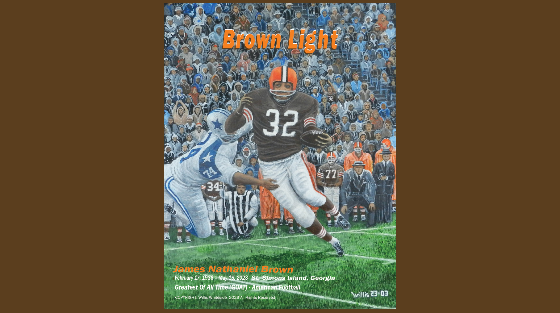 Brown Light Greatest of All Time Art by w2 Football Jim Brown 18x24